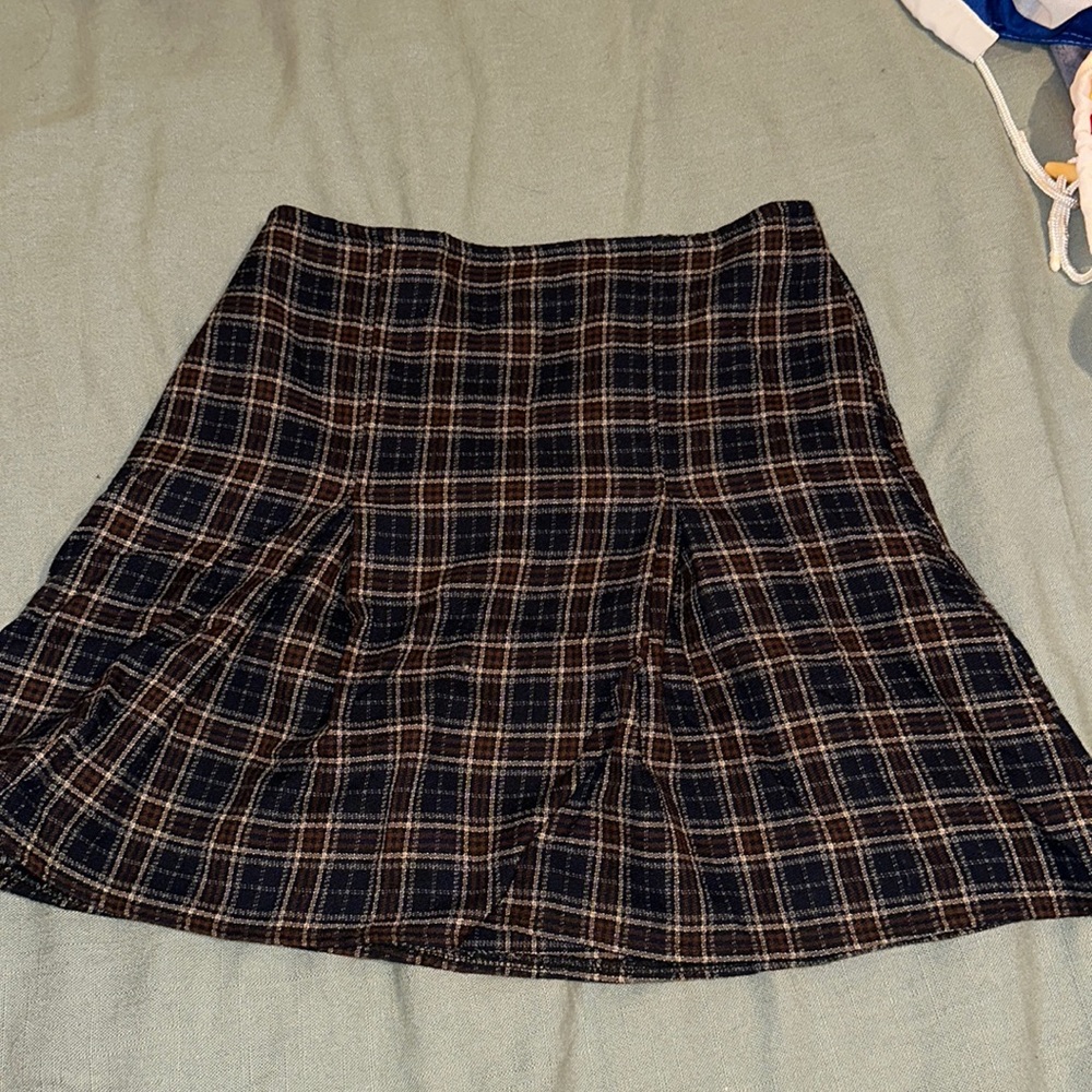 Plaid A-Line Mini Skirt in Navy and Brown - Brand Unspecified